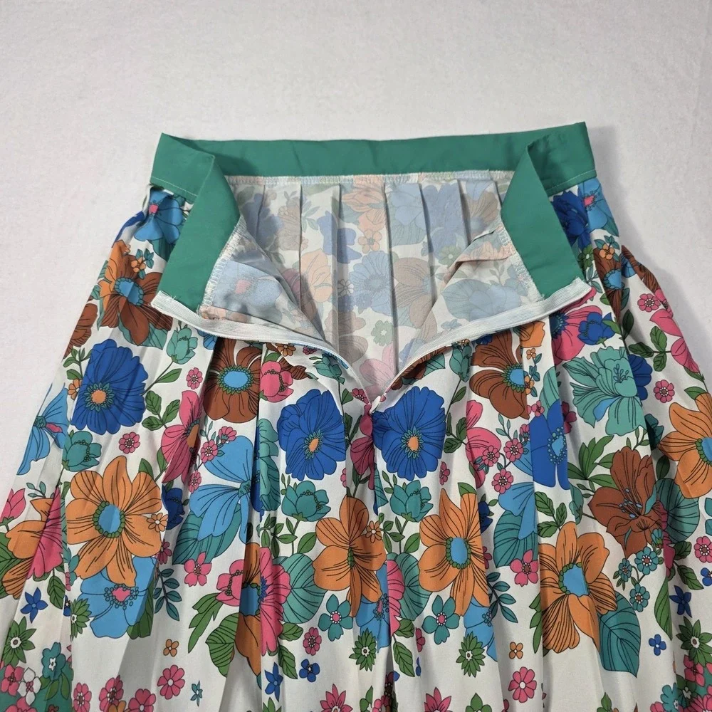 Retro 60's 70's Style Pleated Floral Border Skirt‎ Mod Flower Power Midi Skirt L